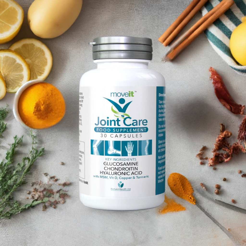 Moveit Joint Care Complex 11 Glucosamine Chondroitin supplement bottle surrounded by natural ingredients
