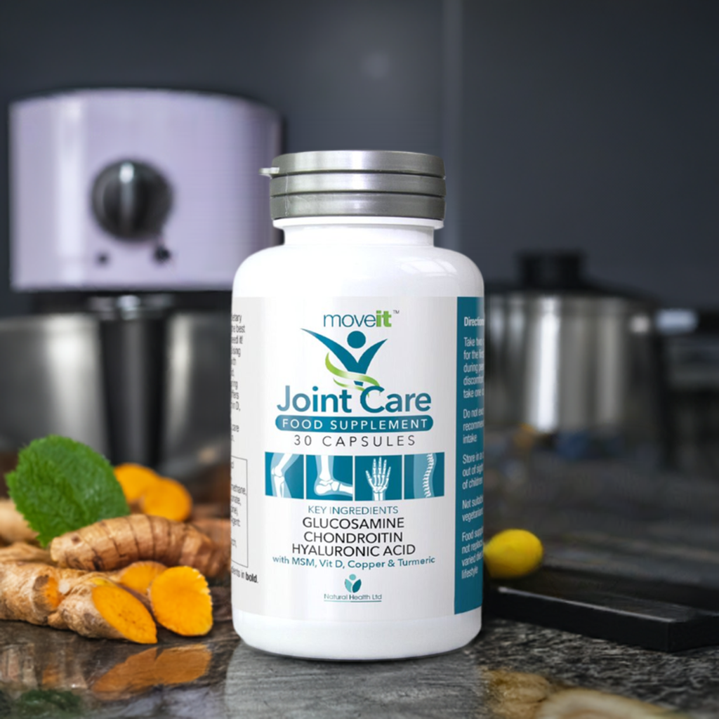 Moveit Joint Care Complex 11 Glucosamine Chondroitin supplement bottle with turmeric root on kitchen counter