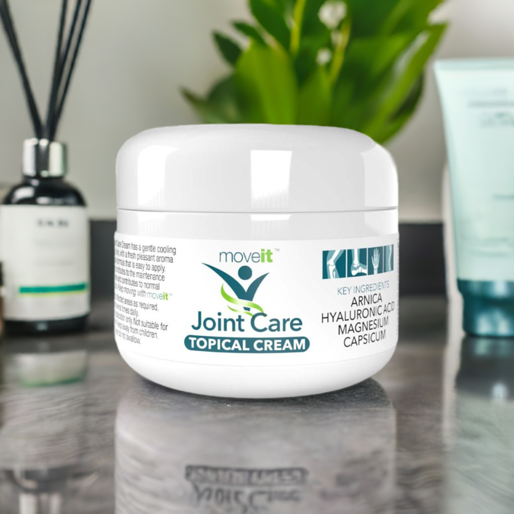 Natural Health World UK joint care cream for joint care in white jar with Arnica and Hyaluronic acid