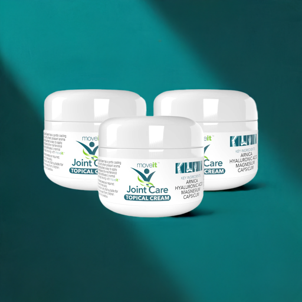 Natural Health World UK joint care cream for pain relief three white jars of topical cream for joints on teal background