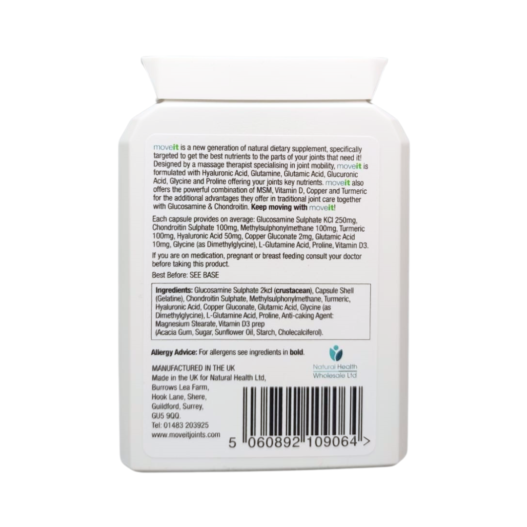 Moveit Joint Supplement Chondroitin and Glucosamine 11 Active Ingredients white bottle back label with ingredients and barcode