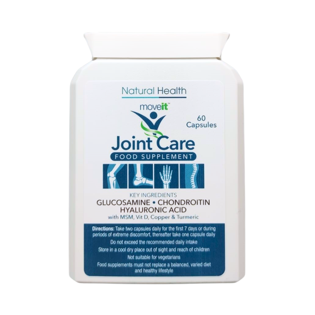 Natural Health World UK bottle of Moveit Joint Supplement Chondroitin and Glucosamine 11 Active Ingredients 60 capsules joint care