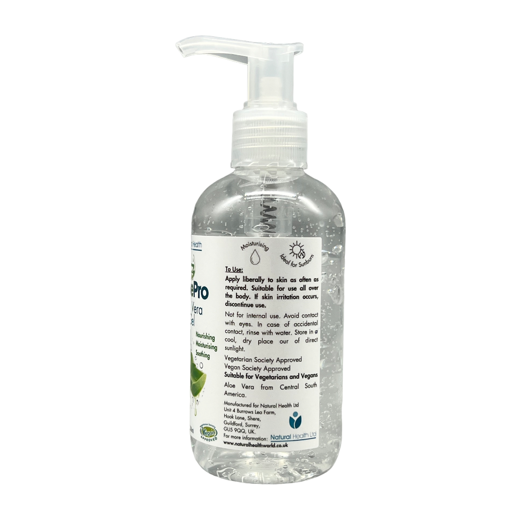 AloePro Natural Soothing Aloe Gel UK 200ml clear pump bottle from Natural Health World UK