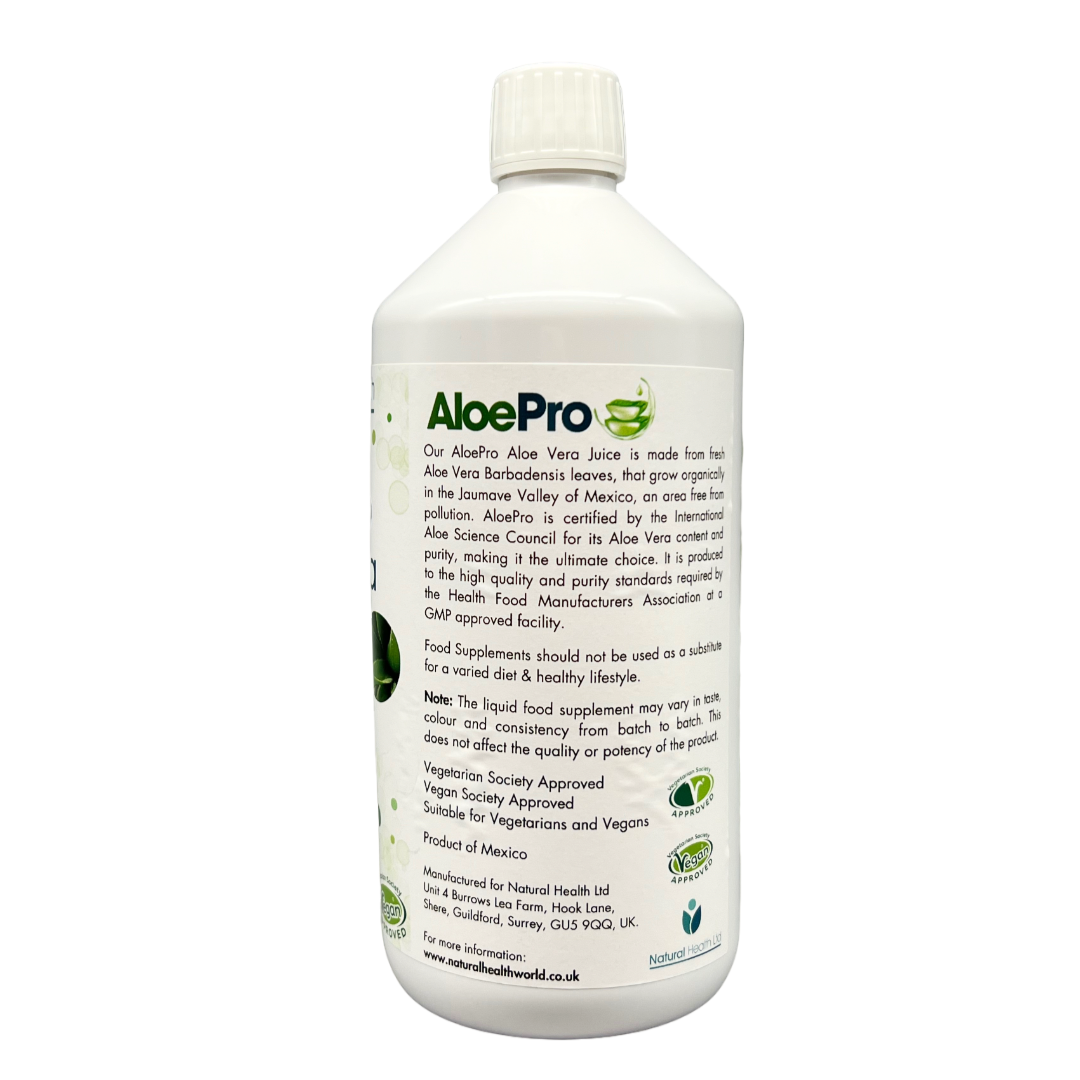 AloePro Aloe Vera Juice 1000ml bottle by Natural Health World UK with product information label