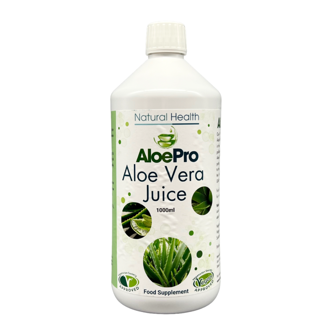 AloePro Aloe Vera Juice 1000ml by Natural Health World UK in a white bottle with green aloe plant images