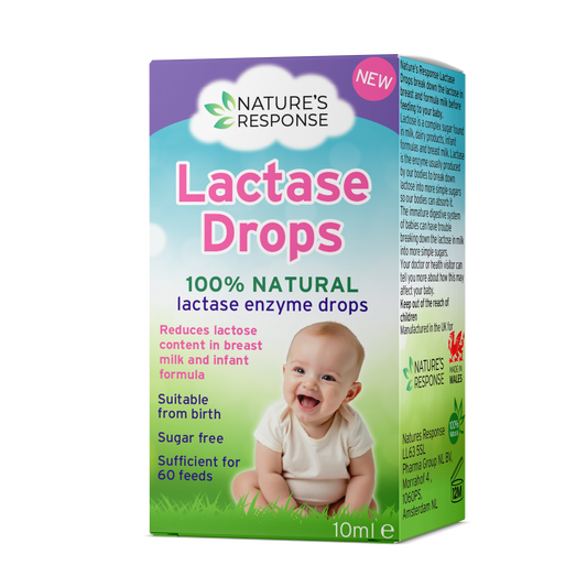 Natures Response Lactase Drops box with smiling baby 10ml 100 per cent natural lactase drops for babies suitable from birth