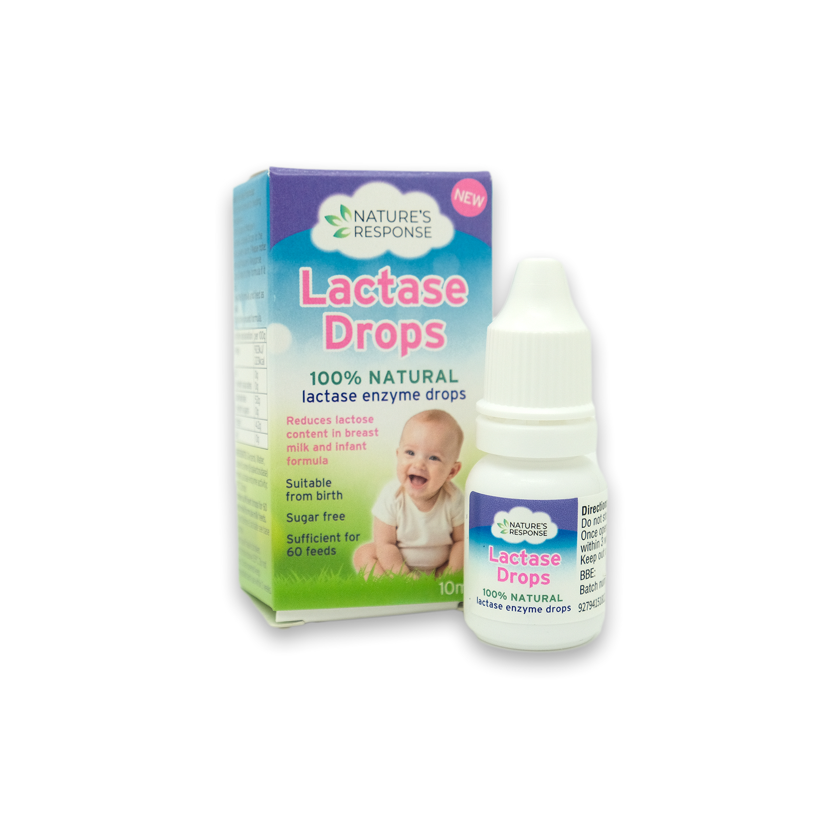Natures Response Lactase Drops box and bottle with baby image natural lactase drops for babies 10 ml