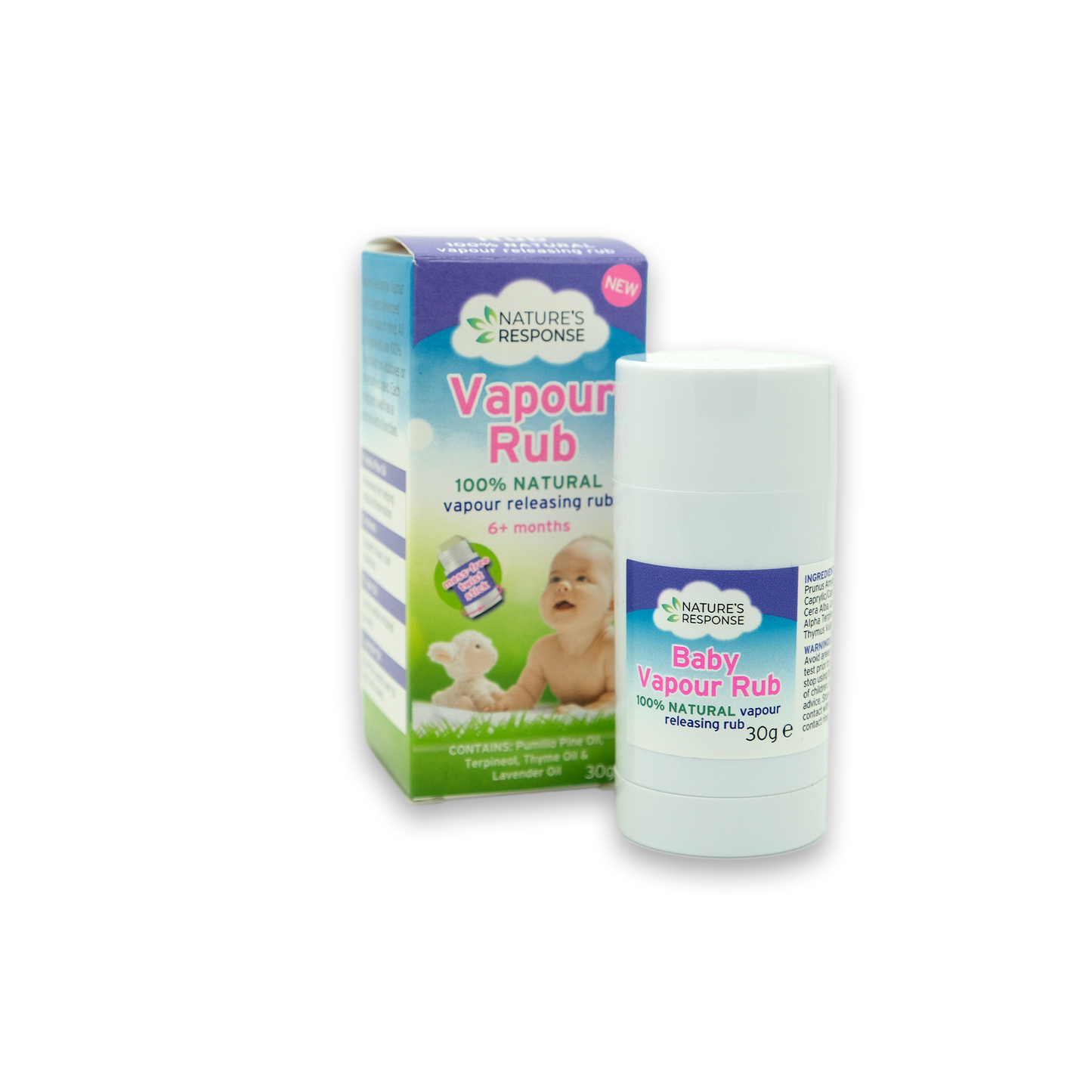 Natures Response Baby Vapour Rub stick and box showing baby image 100 percent natural vapour 30g natural vapour rub for babies