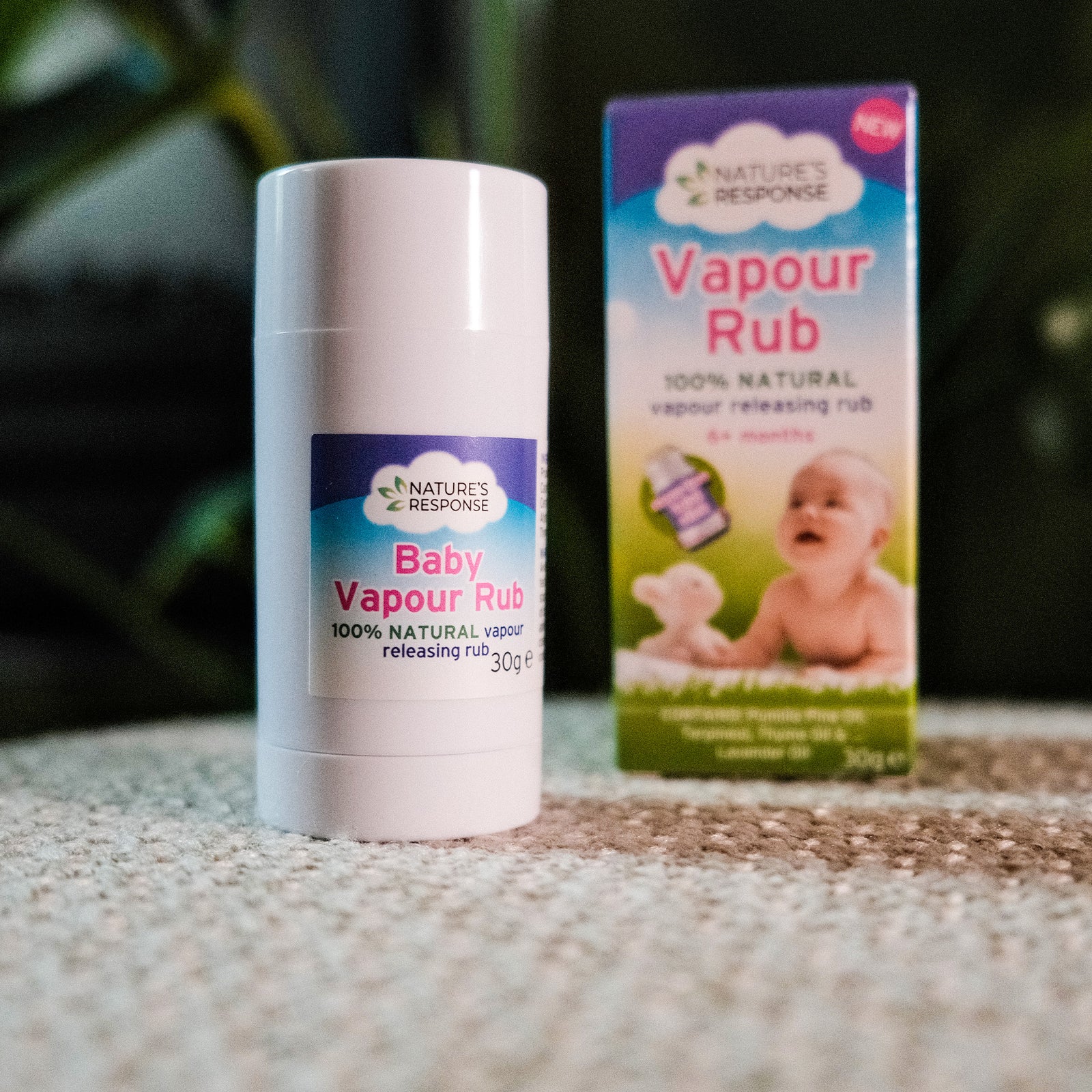 Natures Response baby vapour rub stick and box with baby image natural vapour rub for babies 30g