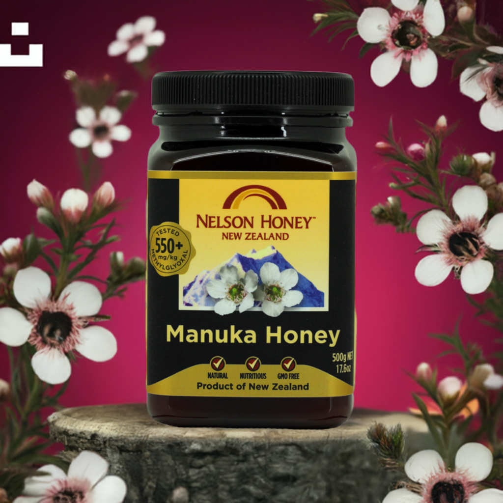 Nelson Honey Manuka honey MGO 550 plus 500g jar with black lid and yellow label product of New Zealand