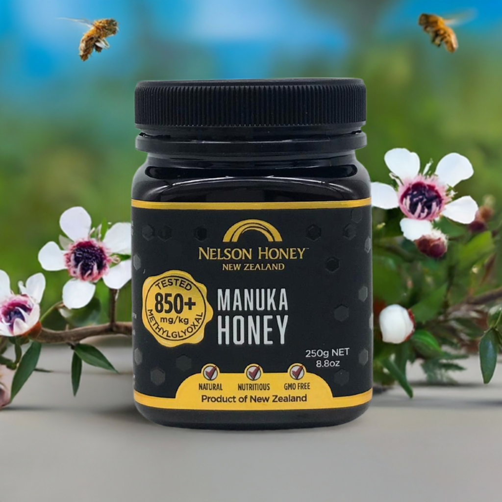 Nelson Honey Manuka honey MGO 850+ 250g jar on floral background with bees and manuka flowers