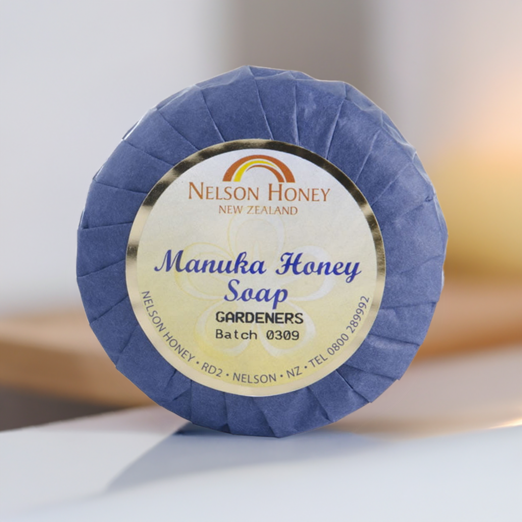 Nelson Honey Manuka Honey Gardeners soap wrapped round bar labelled natural gardeners soap with manuka honey