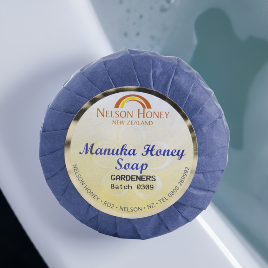 Nelson Honey Manuka Honey round gardeners soap wrapped in purple paper natural gardeners soap with manuka honey