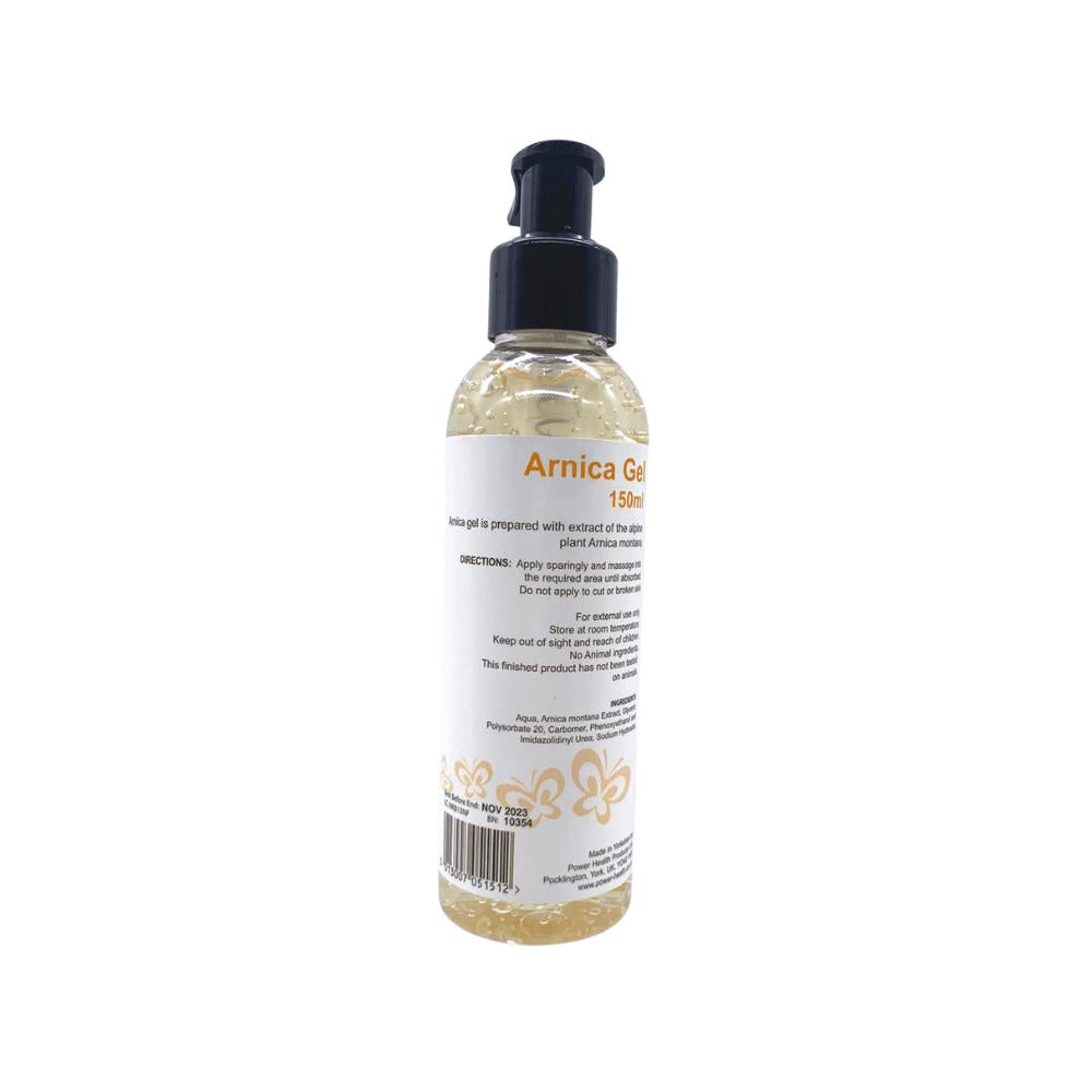Clear pump bottle of Arnica gel for bruises and muscle pain. 150ml topical gel by Natural Health World UK