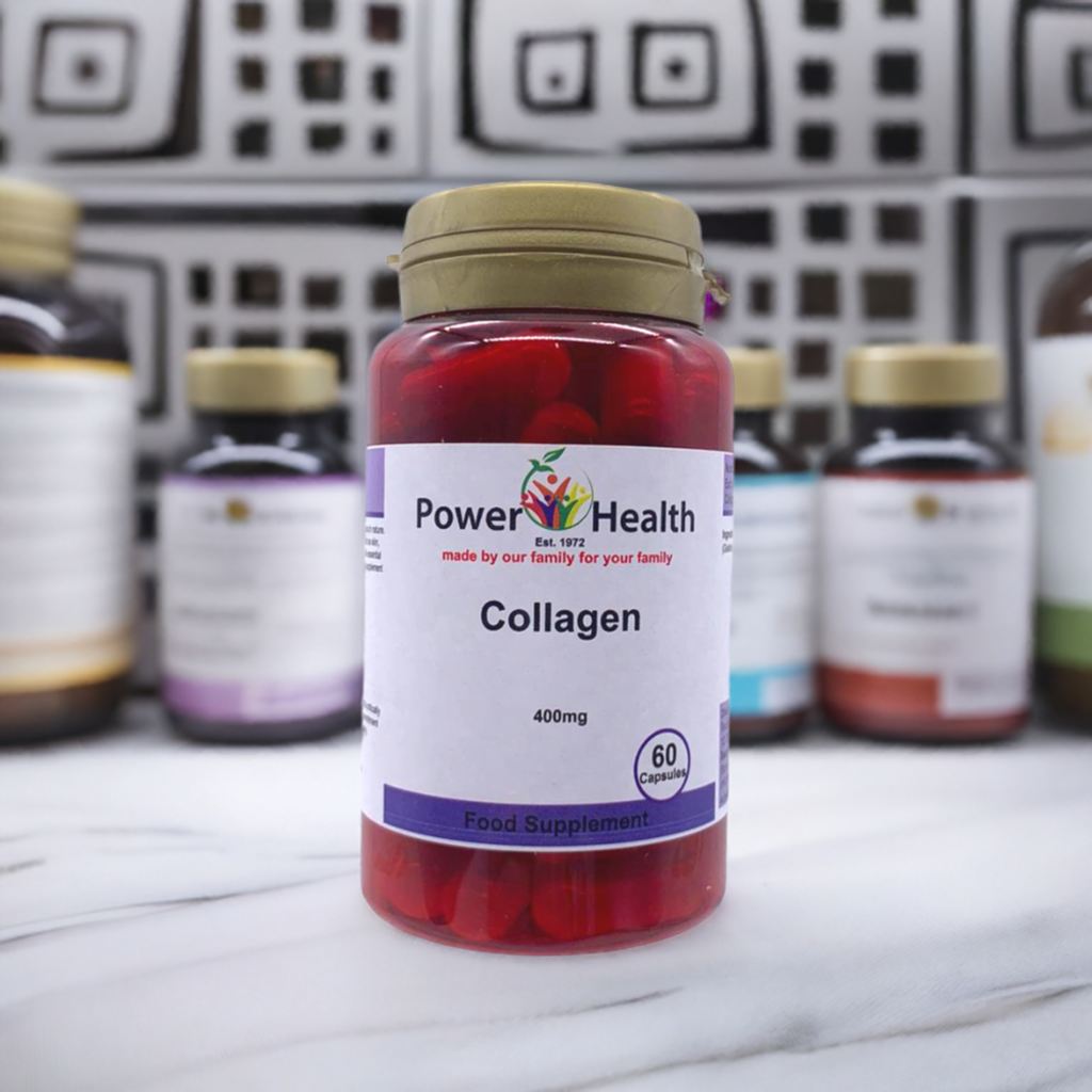 Power Health Collagen 400mg bottle of 60 capsules on marble surface with blurred supplements in background collagen supplements UK