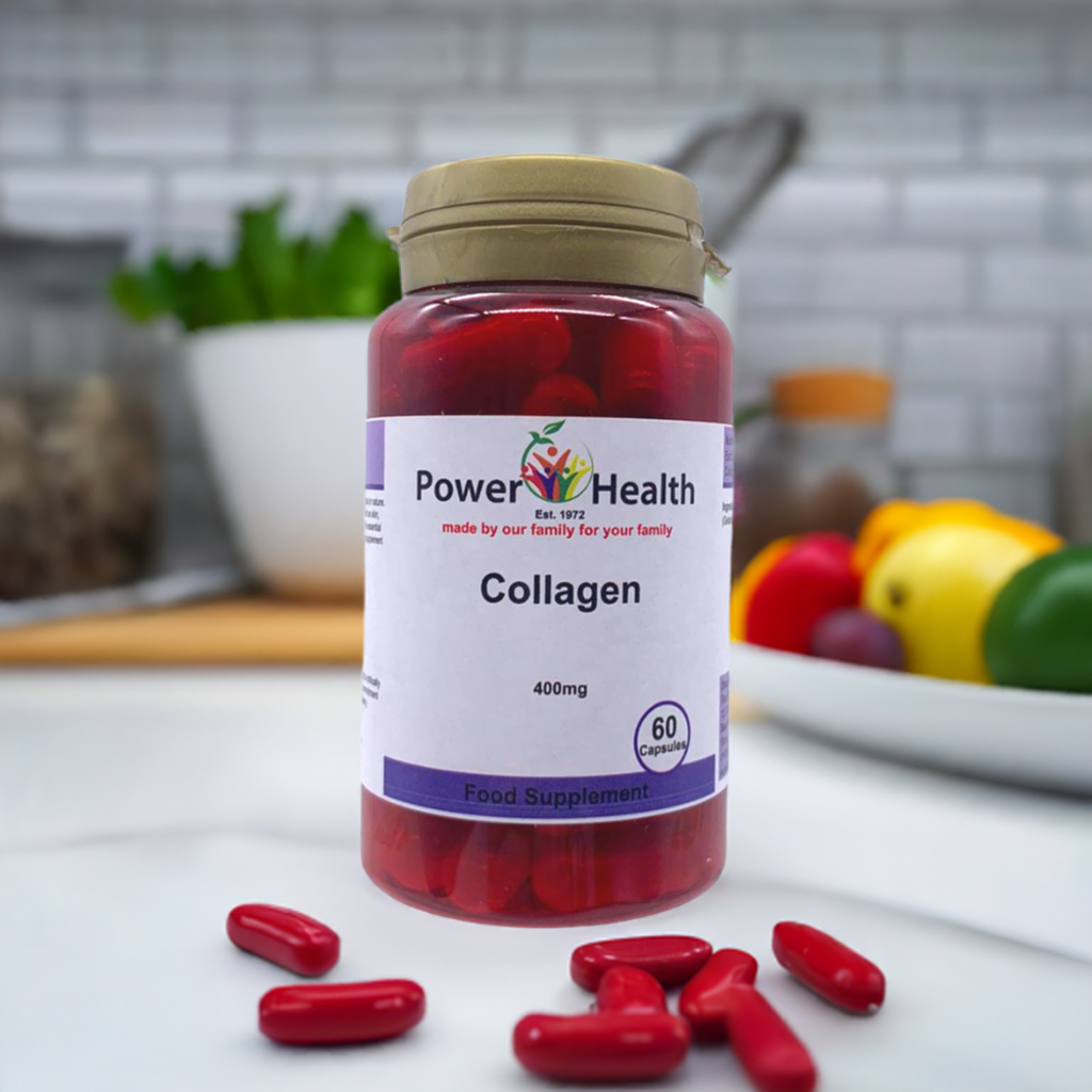 Power Health Collagen 60 capsules 400mg bottle with red capsules on kitchen counter collagen supplements UK