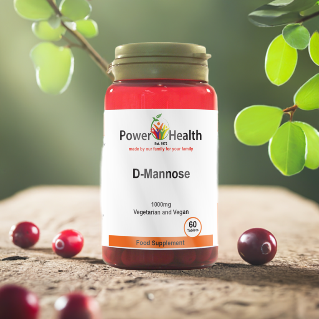 Power Health D-Mannose 1000mg tablets bottle 60 vegetarian vegan food supplement on wooden surface