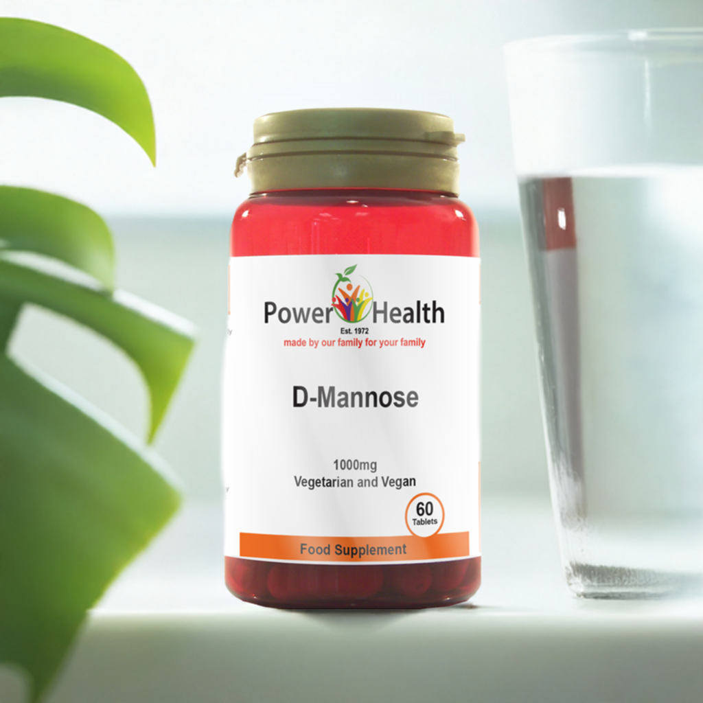 Power Health D Mannose supplement bottle with 60 tablets beside glass of water D-Mannose 1000mg tablets