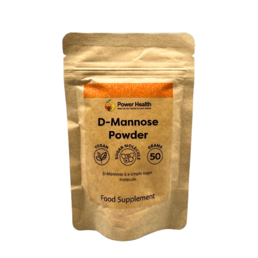 Power Health D-Mannose powder UK in resealable kraft pouch 50g vegan food supplement label