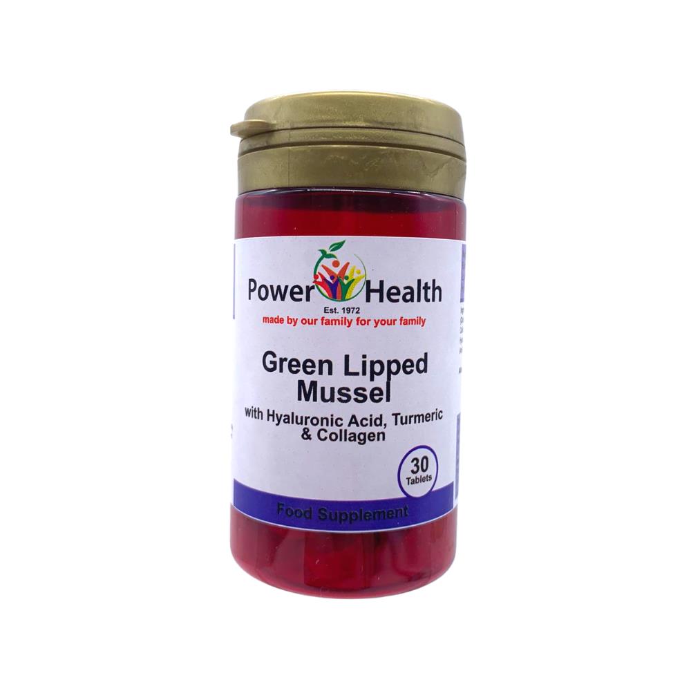 Powerhealth Green Lipped Mussel bottle with gold lid and white label showing 30 tablets green lipped mussel supplement for joints