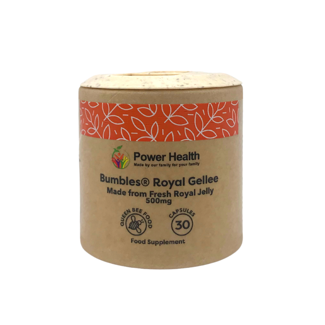 Power Health Bumblees Royal Gellee jar by Natural Health World UK showing Royal Gellee capsules 500mg 30 count