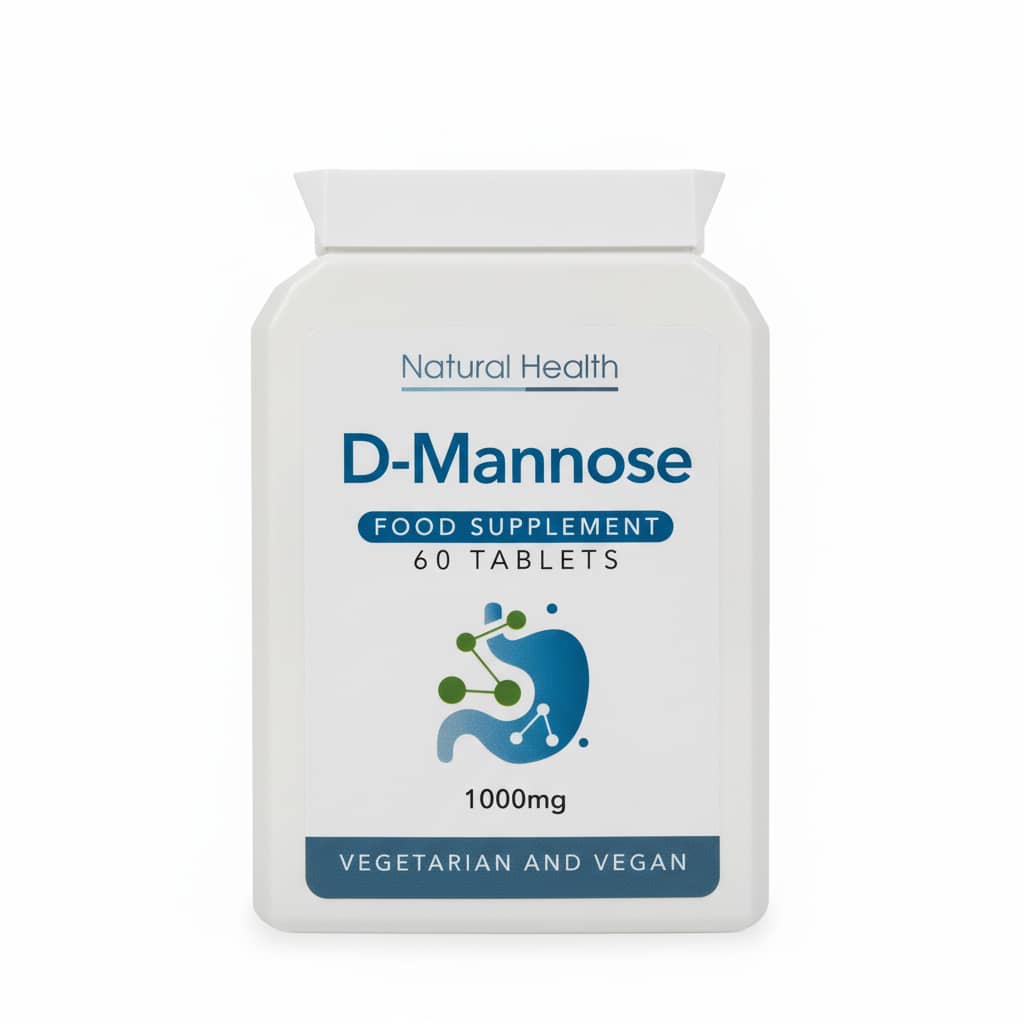 Natural Health D-Mannose food supplement bottle containing pure D-mannose 1000mg 60 tablets vegan chewable