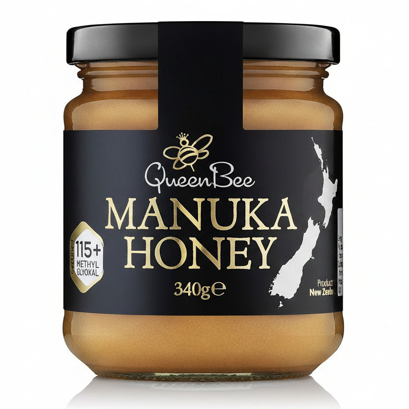 Jar of Queen Bee Manuka Honey on a white background