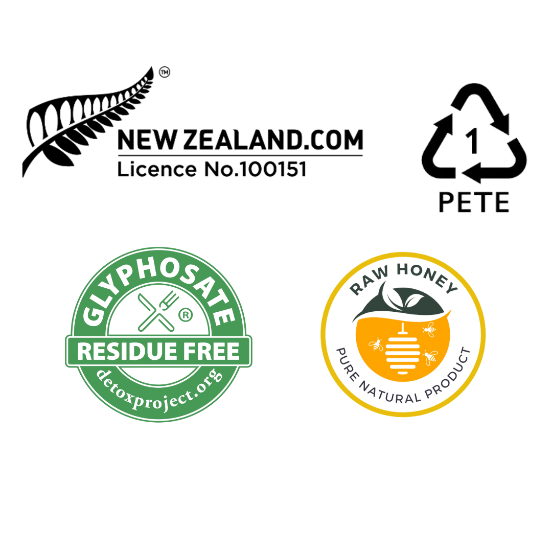 Certification logos including New Zealand origin, PETE recycling, glyphosate residue free, and raw honey natural product