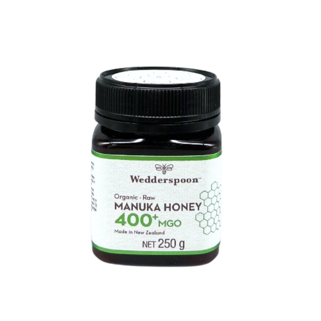 Wedderspoon high potency raw manuka honey 400 MGO in 250g jar made in New Zealand