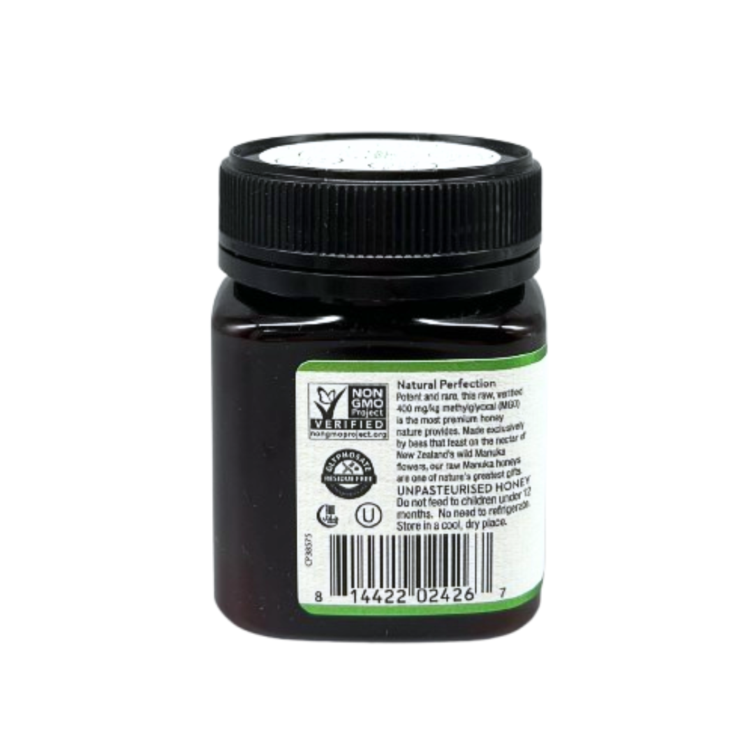 Wedderspoon high potency raw manuka honey 400 MGO jar with black lid showing product details