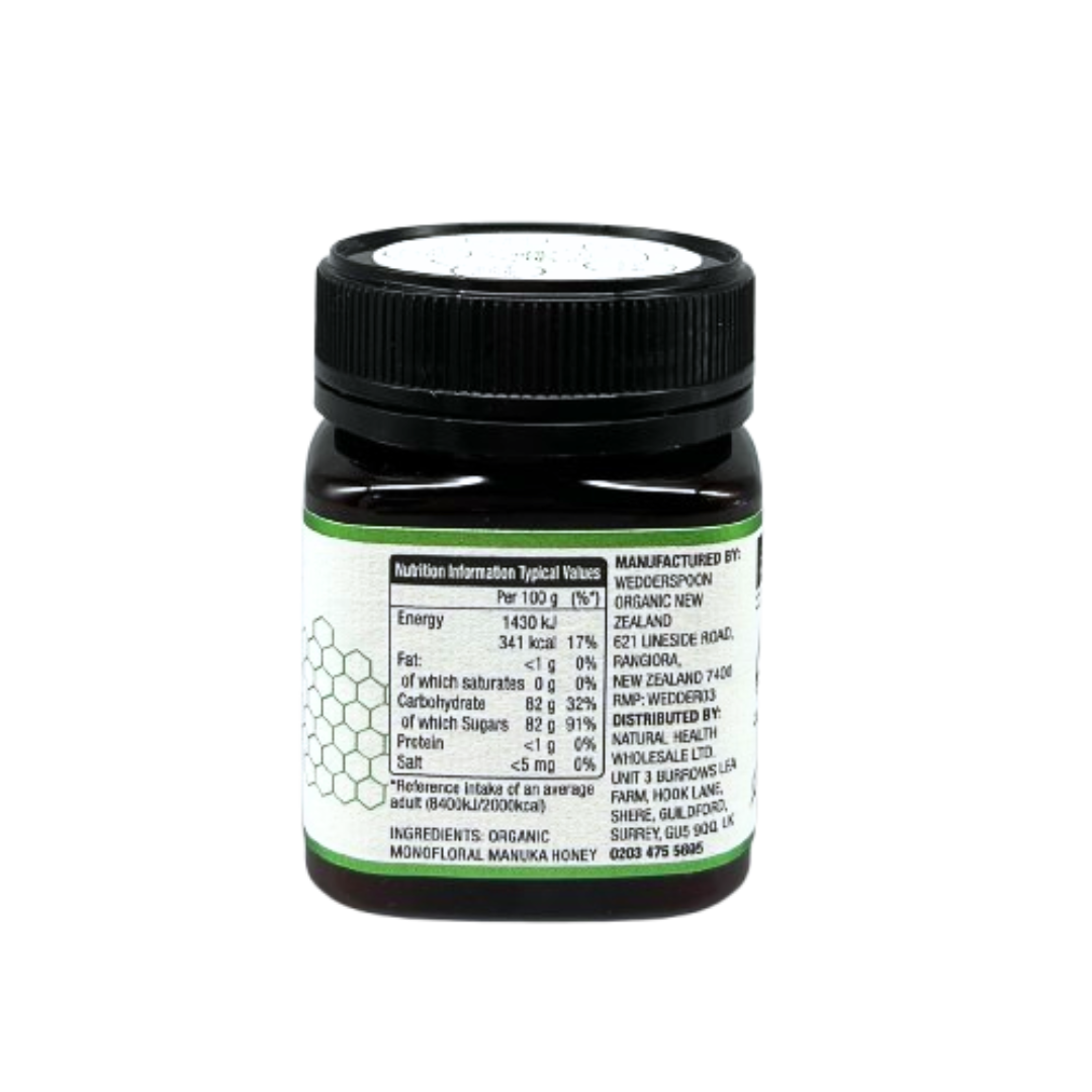 Wedderspoon high potency raw manuka honey 400 MGO jar showing nutrition and manufacturing details