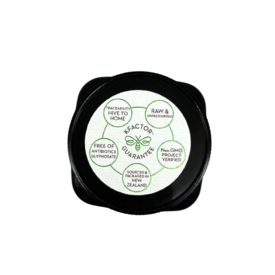Wedderspoon high potency raw manuka honey 400 MGO black lid with KFactor guarantee label