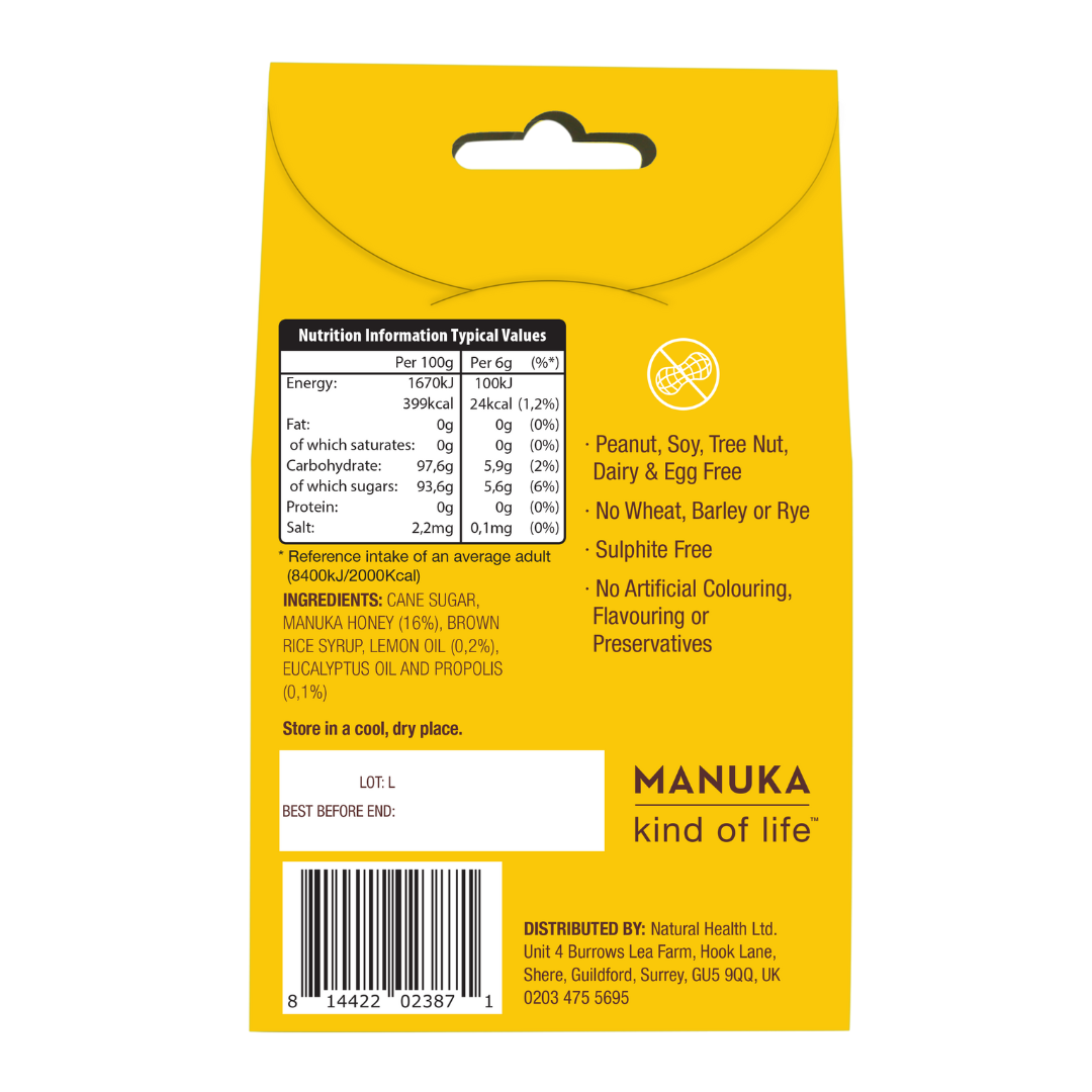 Wedderspoon Manuka honey drops lemon throat lozenges yellow back packaging with ingredients and nutrition panel