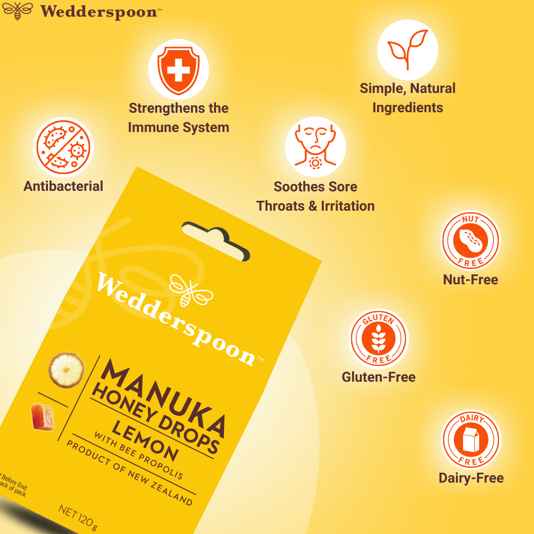 Wedderspoon Manuka honey drops lemon throat lozenges yellow pouch shows lemon slice and icons for immune and antibacterial benefits