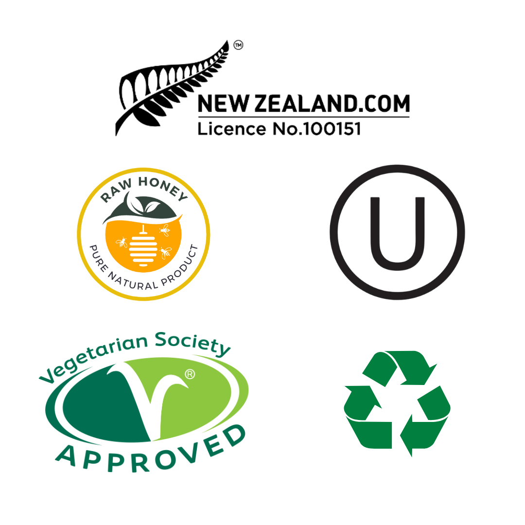 Manuka honey drops lemon Wedderspoon throat lozenges with New Zealand licence raw honey vegetarian kosher and recycle logos