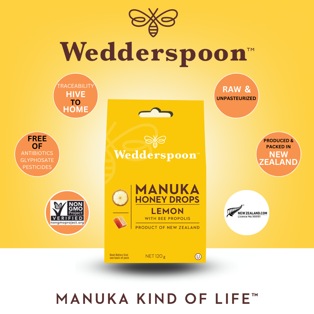 Wedderspoon Manuka honey drops lemon throat lozenges yellow pack with bee logo and New Zealand label
