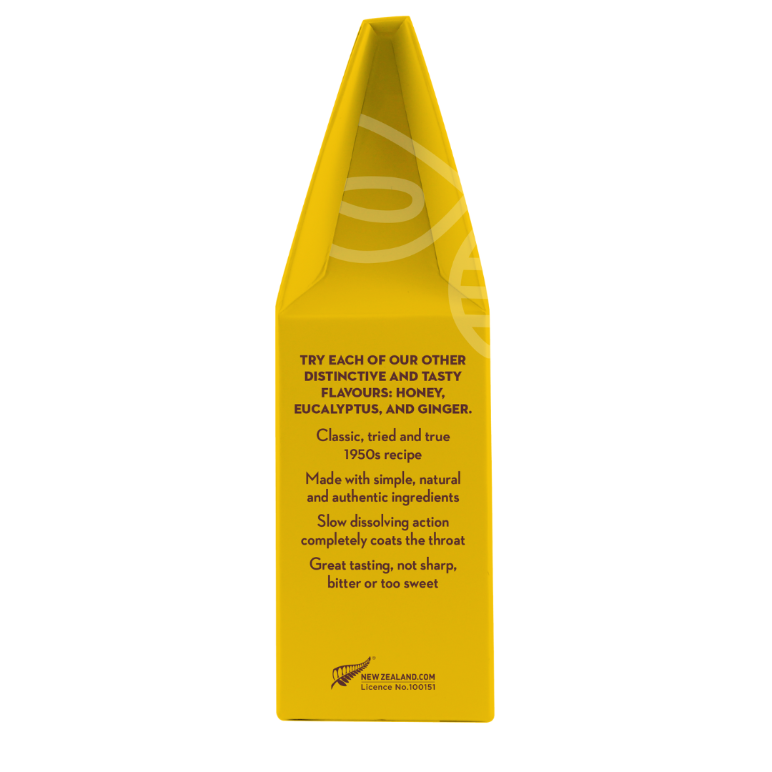 Wedderspoon throat lozenges yellow carton showing product flavour text and branding Manuka honey drops lemon