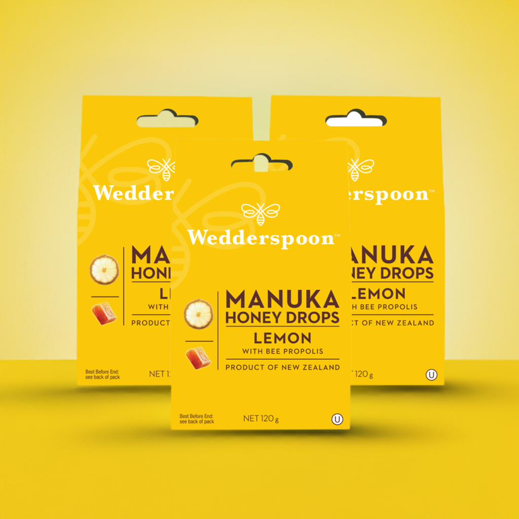 Wedderspoon packaging featuring Manuka honey drops lemon throat lozenges in bright yellow retail boxes