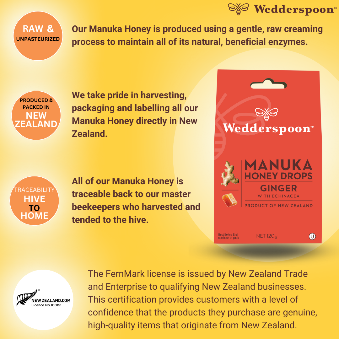 Wedderspoon Manuka honey drops with ginger red packet of throat lozenges with ginger illustration and New Zealand badges