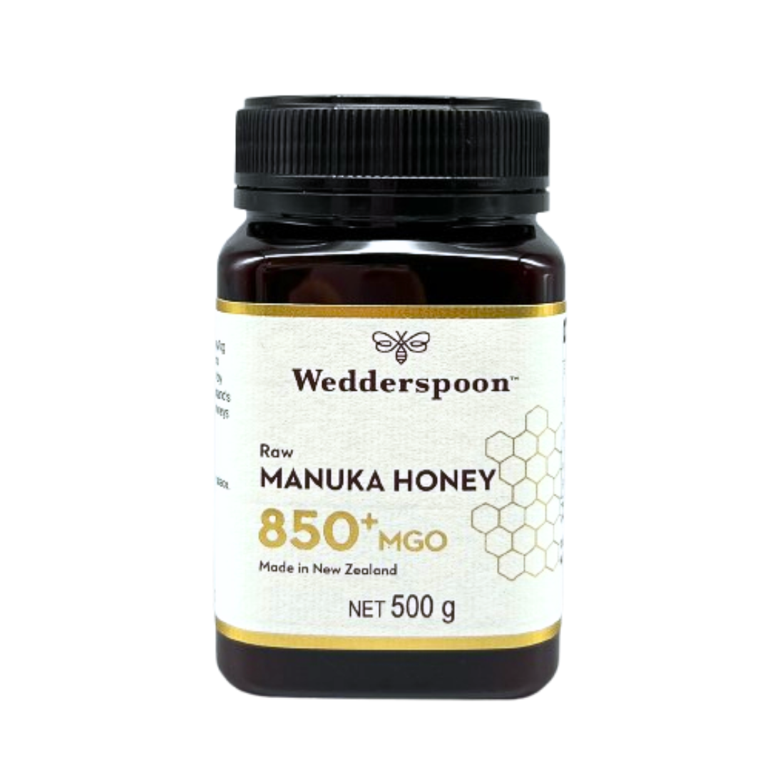 Wedderspoon raw manuka honey 850 mgo in a 500g dark jar with white label from New Zealand