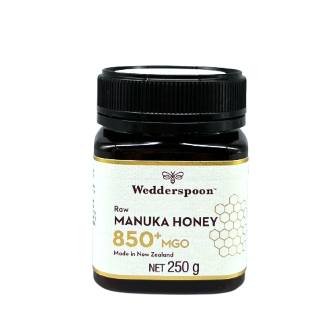 Wedderspoon jar of raw manuka honey 850 mgo 250g dark glass container with black lid and white label