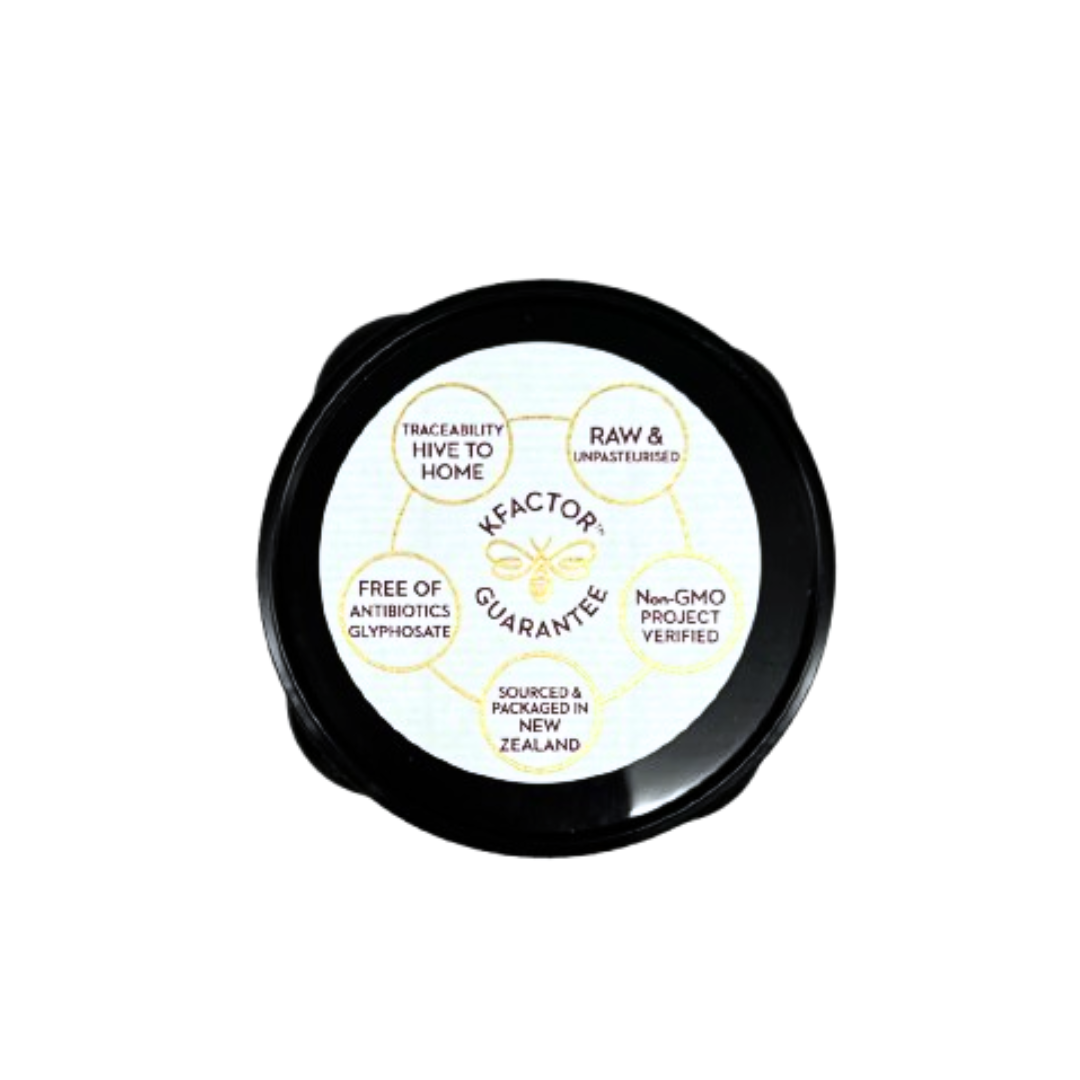 Wedderspoon raw manuka honey 850 mgo black lid label showing KFactor guarantee and quality certifications