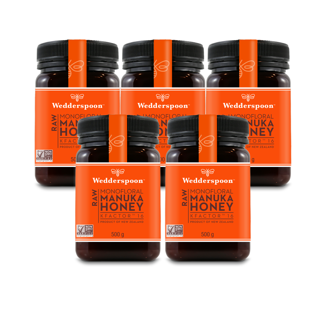 Five jars of Wedderspoon raw Manuka honey KFactor 16 in 500g containers