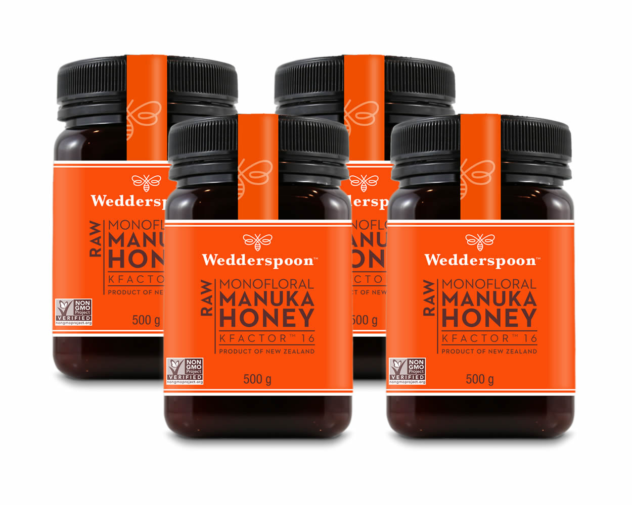 Four jars of Wedderspoon raw Manuka honey KFactor 16, each 500g, with orange labels