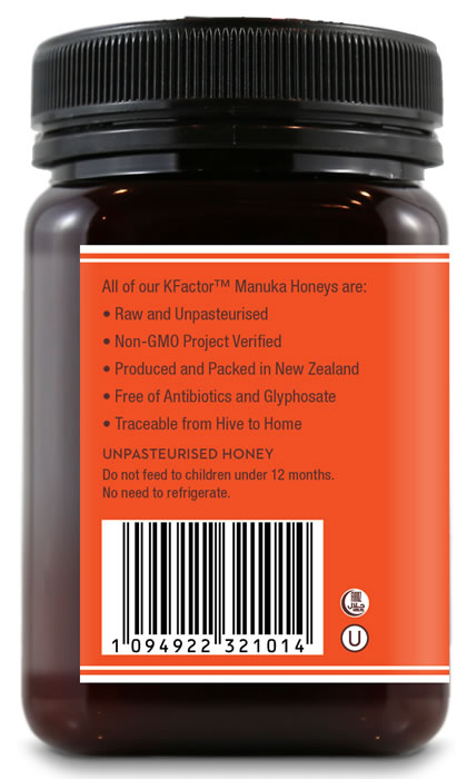 Wedderspoon raw Manuka honey KFactor 16 glass jar with detailed label and black lid