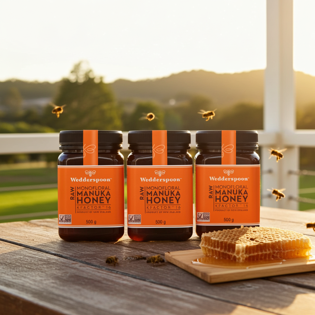 Three jars of Wedderspoon raw Manuka honey KFactor 16 on a wooden surface with honeycomb and bees in the background