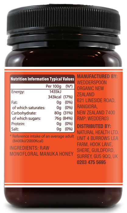 Nutrition label on a jar of raw Manuka honey KFactor 16 from Wedderspoon, detailing calorie and ingredient information