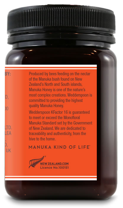 Wedderspoon raw Manuka honey KFactor 16 in a round dark glass jar with label details