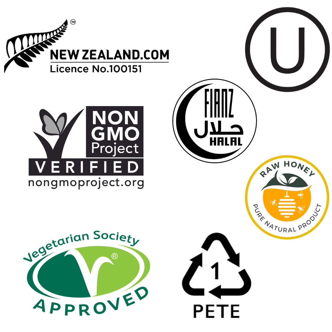 Wedderspoon raw Manuka honey KFactor 16+ label with New Zealand Non GMO Halal Kosher U Vegetarian and raw honey logos