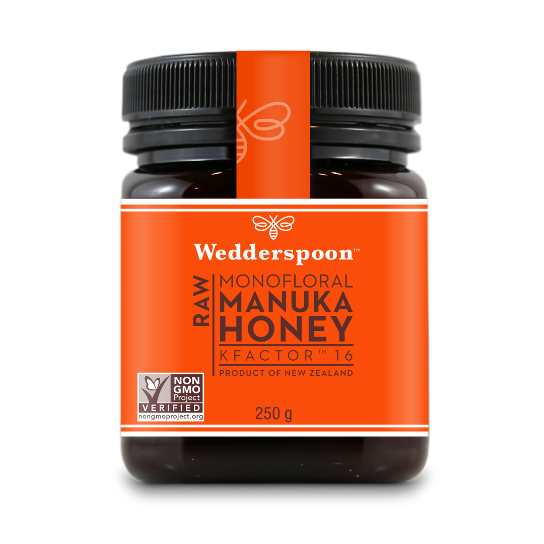 Wedderspoon raw Manuka honey KFactor 16+ 250g jar with orange label and black lid, New Zealand monofloral honey